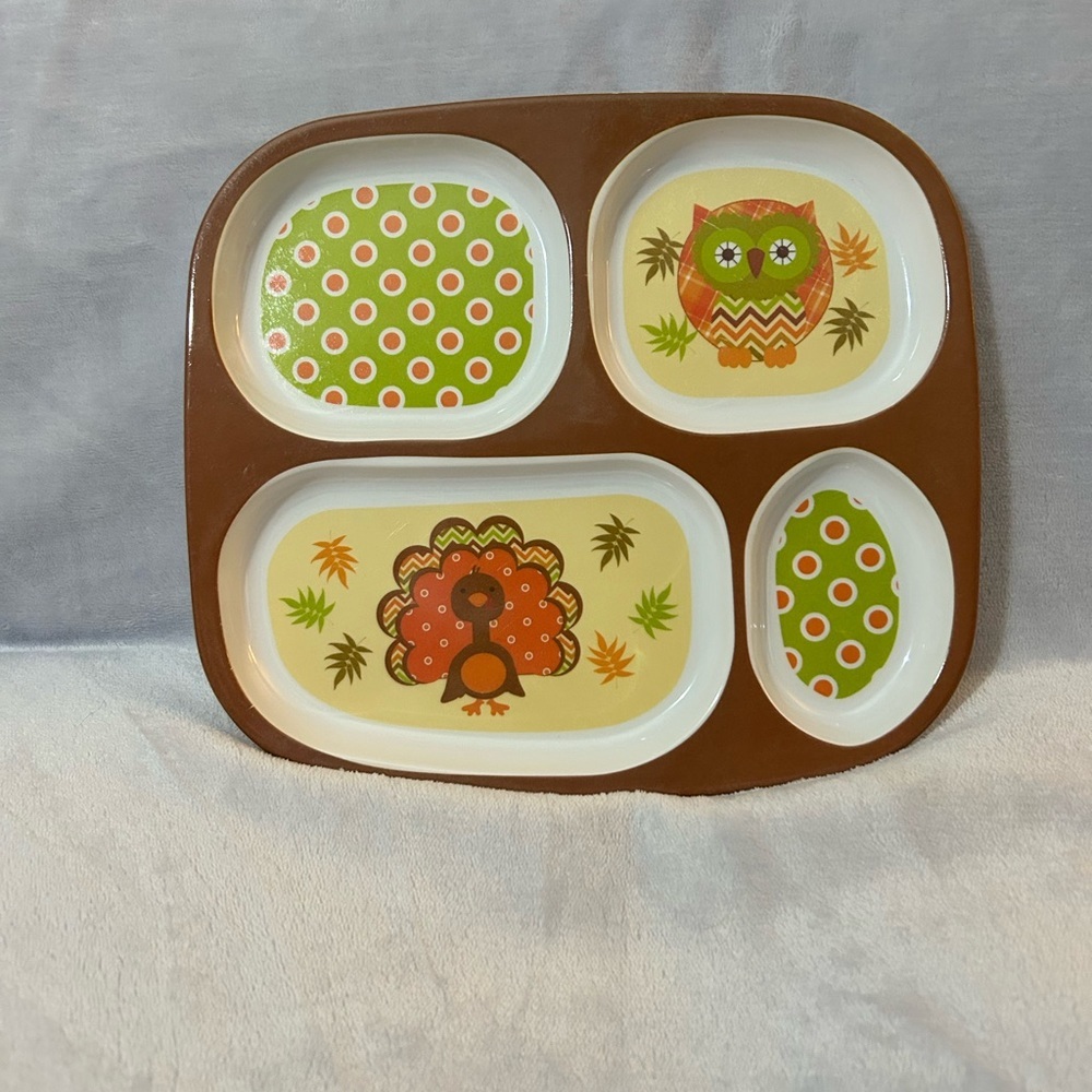 Brown and Cream Divided Plate with Owl and Turkey Design
